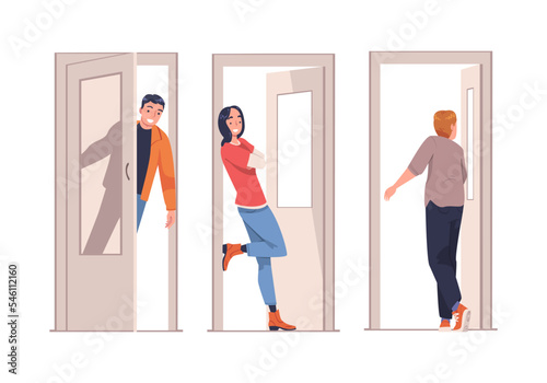 Man and Woman Character at Open Door Leaving and Coming Home Vector Set