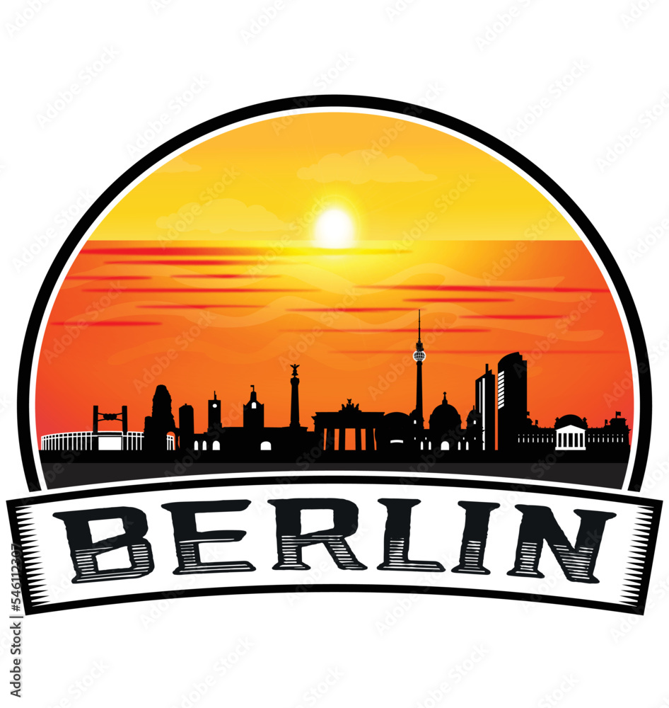 Berlin Germany Skyline Sunset Travel Souvenir Sticker Logo Badge Stamp Emblem Coat of Arms Vector Illustration EPS