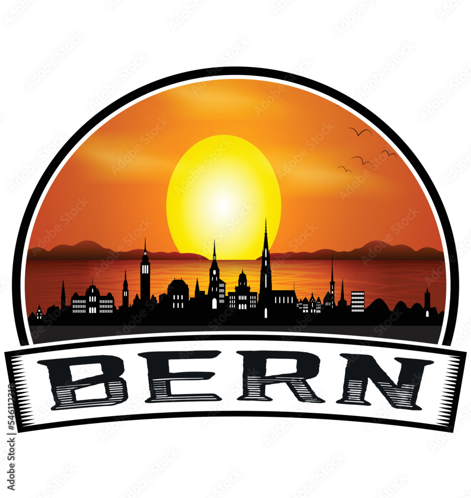 Bern Switzerland Skyline Sunset Travel Souvenir Sticker Logo Badge Stamp Emblem Coat of Arms Vector Illustration EPS