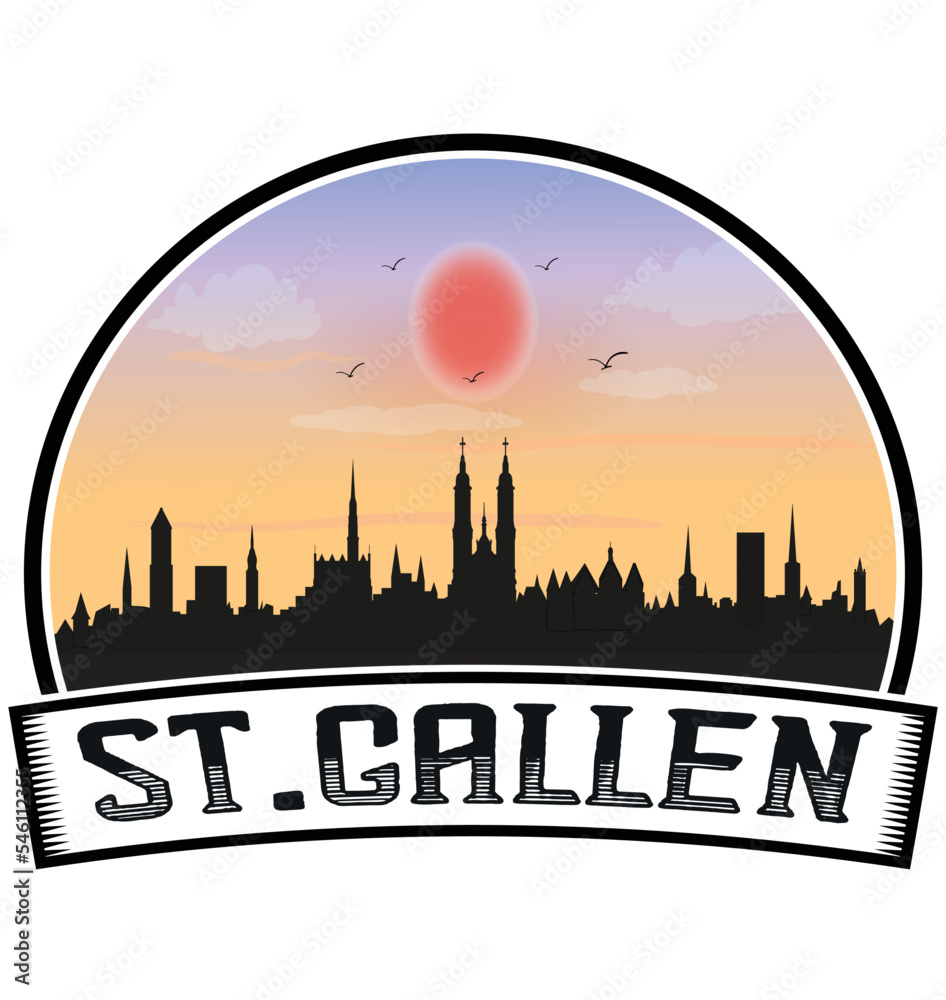 St. Gallen Switzerland Skyline Sunset Travel Souvenir Sticker Logo Badge Stamp Emblem Coat of Arms Vector Illustration EPS