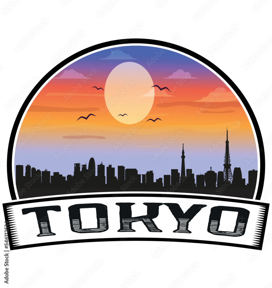 Tokyo Japan Skyline Sunset Travel Souvenir Sticker Logo Badge Stamp Emblem Coat of Arms Vector Illustration EPS