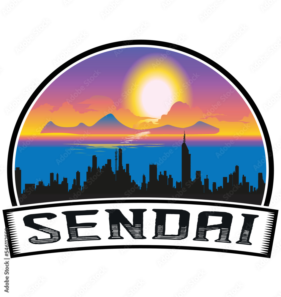 Sendai Japan Skyline Sunset Travel Souvenir Sticker Logo Badge Stamp Emblem Coat of Arms Vector Illustration EPS