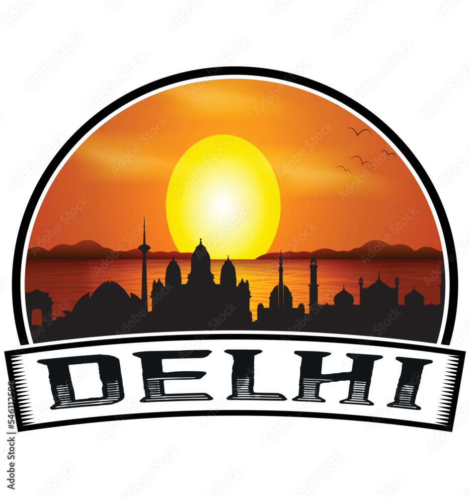 Delhi India Skyline Sunset Travel Souvenir Sticker Logo Badge Stamp Emblem Coat of Arms Vector Illustration EPS