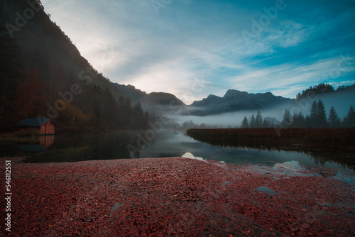 sunrise over the lake almsee upperaustria photo