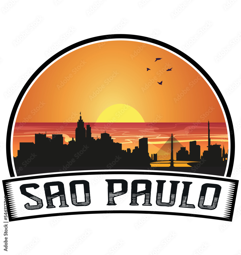 Sao Paulo Brazil Skyline Sunset Travel Souvenir Sticker Logo Badge Stamp Emblem Coat of Arms Vector Illustration EPS