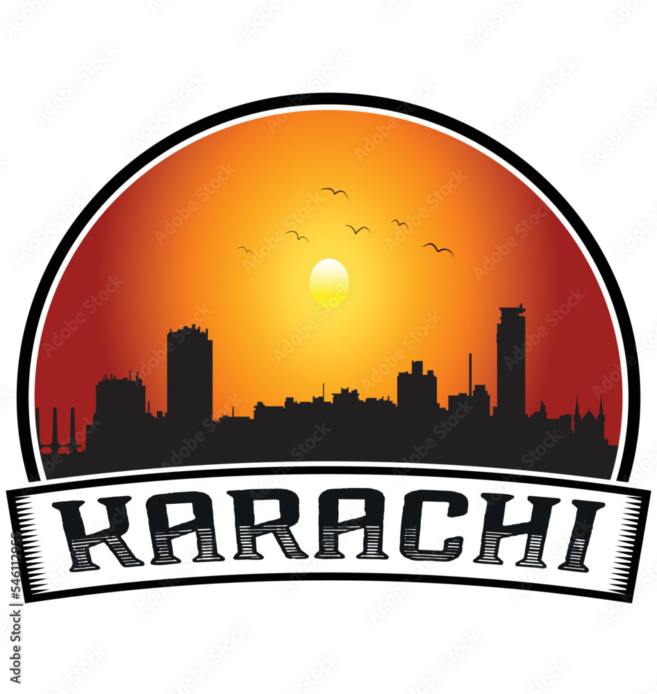 Karachi Pakistan Skyline Sunset Travel Souvenir Sticker Logo Badge Stamp Emblem Coat of Arms Vector Illustration EPS
