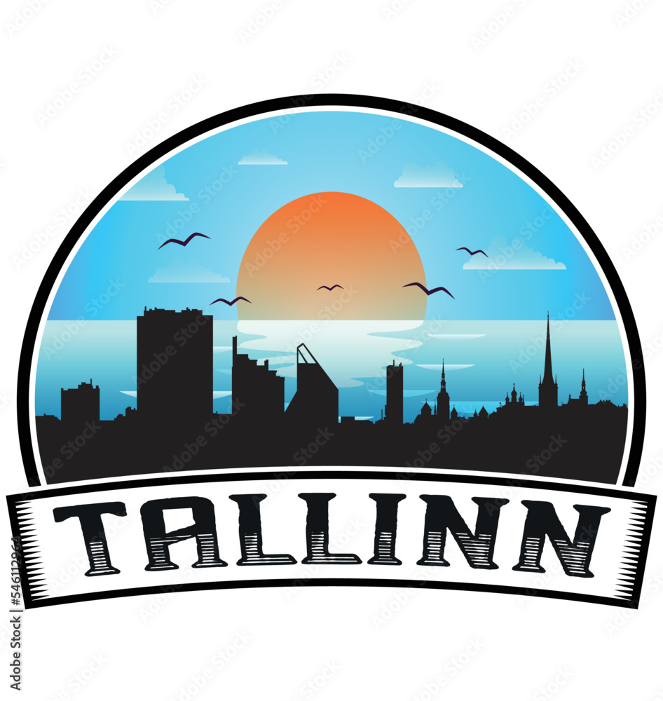 Tallinn Estonia Skyline Sunset Travel Souvenir Sticker Logo Badge Stamp Emblem Coat of Arms Vector Illustration EPS