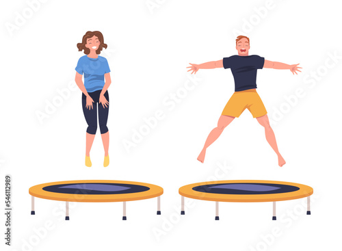 Excited Man and Woman Character Jumping and Bouncing on Trampoline Engaged in Recreational Activity Vector Set
