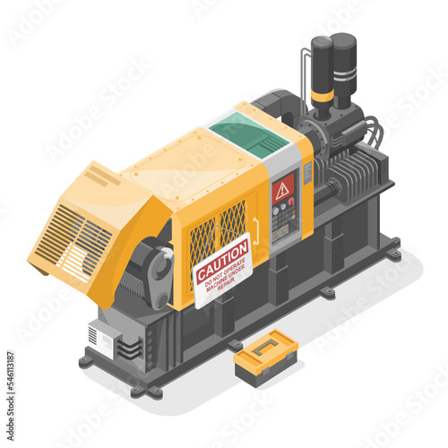 machine under repair Maintenance factory concept with plate isometric industrial production on white background isolated