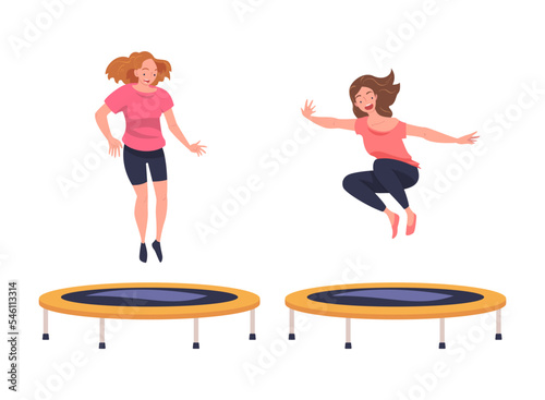 Excited Woman Character Jumping and Bouncing on Trampoline Engaged in Recreational Activity Vector Set