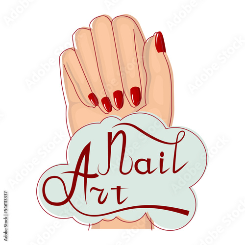 Sticker, banner, postcard with a female hand. Bent fingers with painted nails and background for text. Nail art. Vector illustration