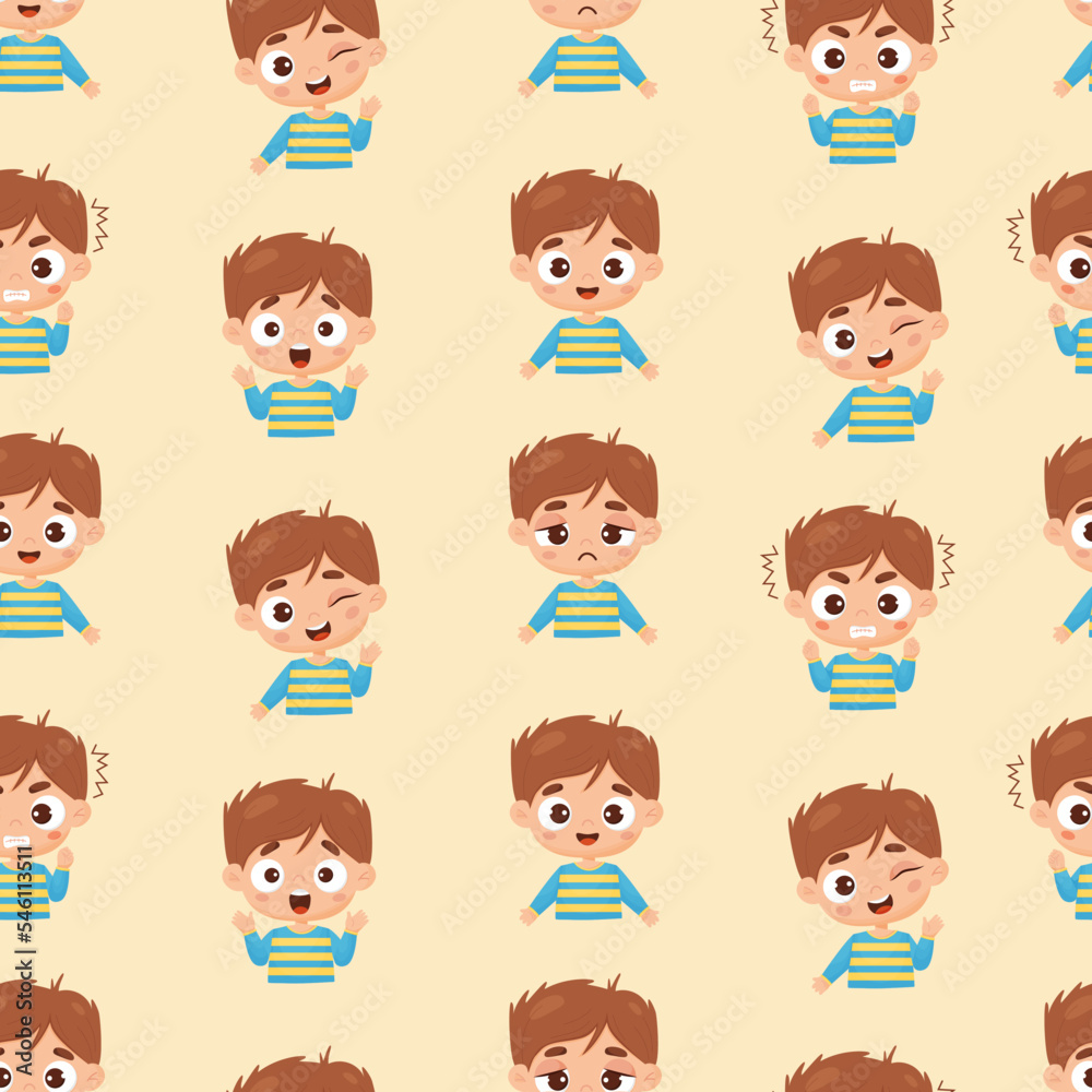 Seamless childrens pattern. Cute fair-skinned boy in cartoon style with different emotions - joy, happiness, anger and tears on light yellow background. Vector illustration. Cute kids collection Seamless childrens pattern. Cute fair-skinned boy in cartoon style with different emotions - joy, happiness, anger and tears on light yellow background. Vector illustration. Cute kids collection