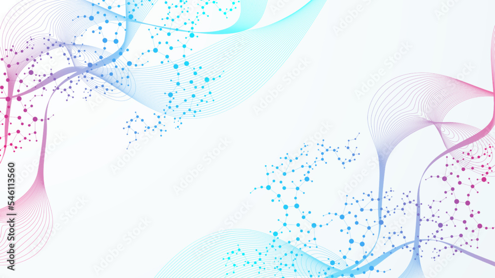 Modern abstract molecules structure for science or medical background. DNA helix or atom visualization. Molecular wave flow abstract background. Vector illustration