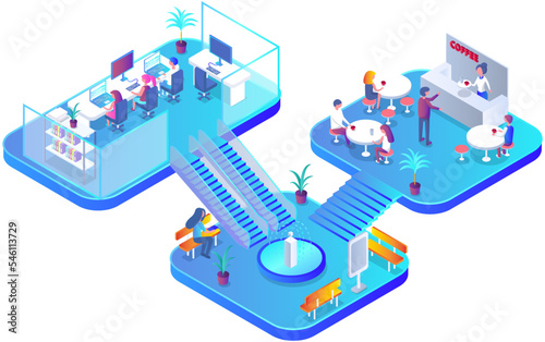 People eat in food court cafeterias, rest on bench, work in coworking center in shopping mall free zone. Cartoon characters sitting at cafe tables and having lunch in place to relax and socialize