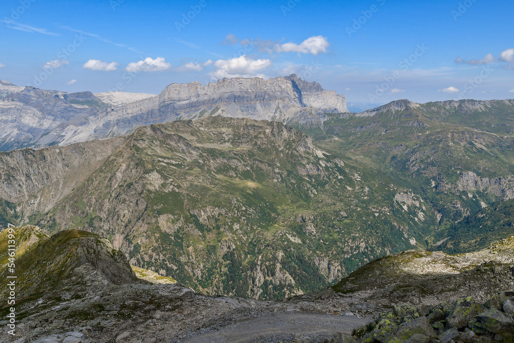 Scenic view of the French Pre-Alps from the top of Le Brévent with Pointe d'Anterne peak in the background in summer, Chamonix, Haute-Savoie, France