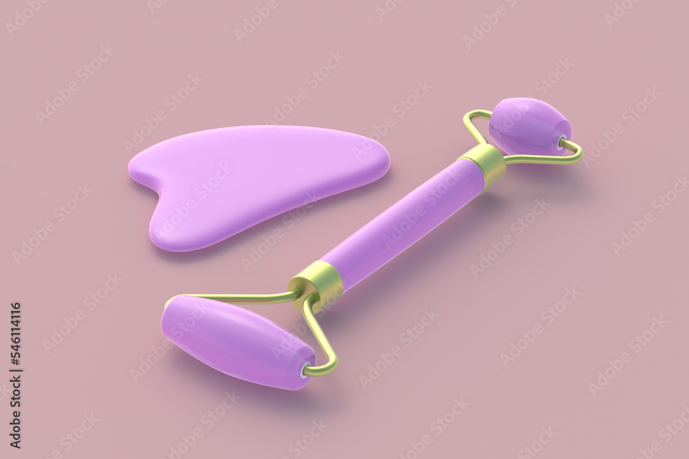Face massage roller and gua sha scraper. Lifting face and wellness. Cosmetics accessories. Facial skin care. 3d render Face massage roller and gua sha scraper. Lifting face and wellness. Cosmetics accessories. Facial skin care. 3d render
