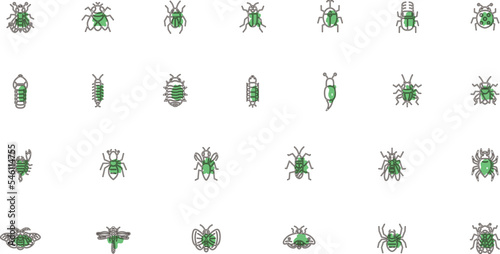 ミニ昆虫のイラストアイコンセット アウトライン緑