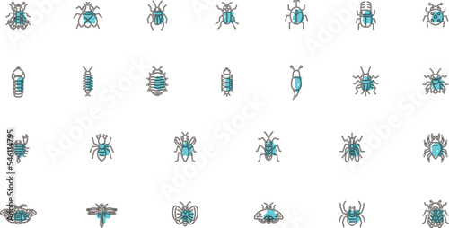 ミニ昆虫のイラストアイコンセット アウトライン水色