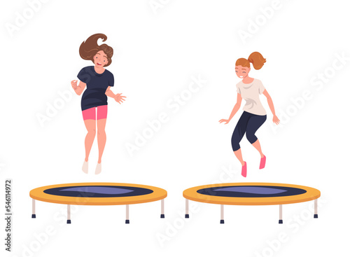 Excited Woman Character Jumping and Bouncing on Trampoline Engaged in Recreational Activity Vector Set