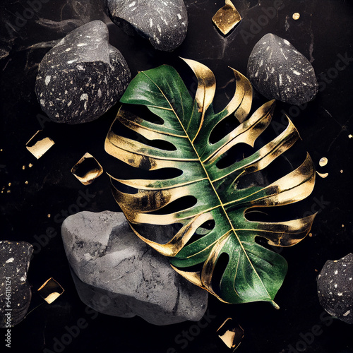 Gold covered monstera leaf and black marble stones on a black background, view from above. Abstract Beauty and fashion blog background, collage.  Flat lay. photo