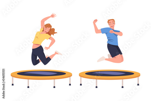 Excited Man and Woman Character Jumping and Bouncing on Trampoline Engaged in Recreational Activity Vector Set
