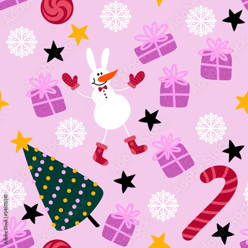 Winter seamless snowman and snowflakes pattern for Christmas wrapping paper and kids notebooks