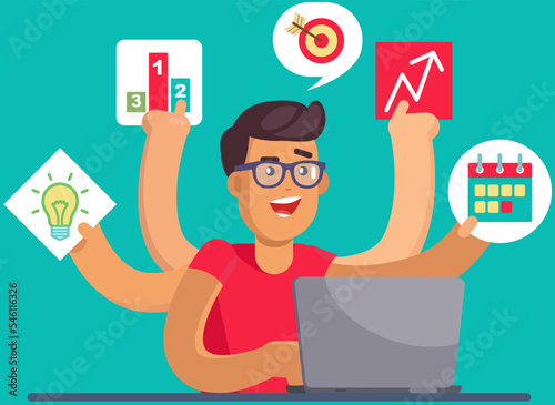 Man doing simultaneously many tasks. Male employee trying to deal with deadlines. Overworking, overload at work concept. Person with many hands coping with multitasking, time management, planning