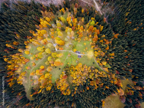Aerial shot of colourful autumn in Kaliste village, Slovakia near Banska Bystrica.