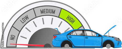 Speedometer and broken blue sport car can not drive without wheels, automobile stand still. Tachometer with arrow and sectors. Speedo with scales and pointers for measurement of speed and kilometers