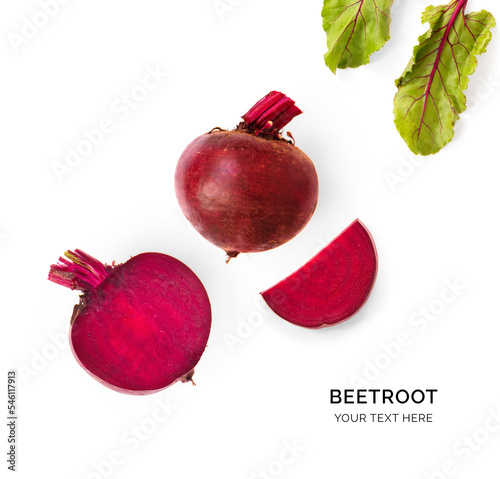 Creative layout made of beetroot on the white background. Flat lay. Food concept. Beetroot on the white background.