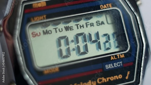 Running movement of time. Old digital watch chronometer stopwatch scoreboard screen with changing numbers of time indication