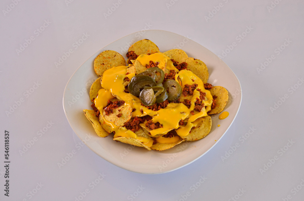 Nachos with Chorizo White Background Nachos with Chorizo White Background