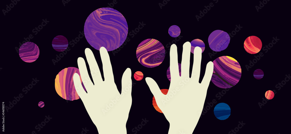 Cartoon human hands with planets. vector esoteric elements
