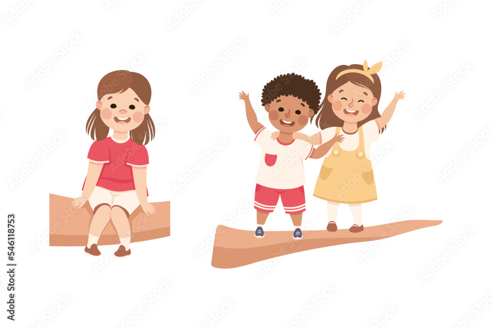 Happy Boy and Girl Playing on Tree Having Fun Enjoying Summer Vector Set Happy Boy and Girl Playing on Tree Having Fun Enjoying Summer Vector Set