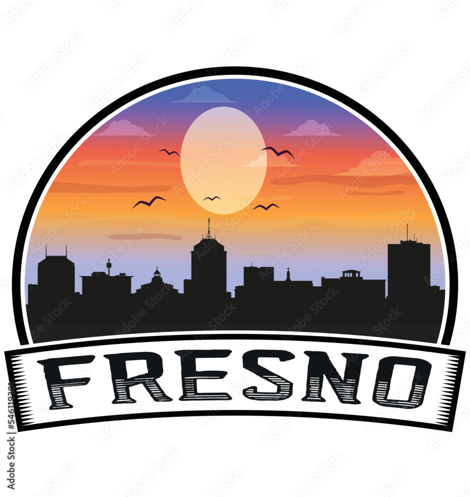 Fresno California USA Skyline Sunset Travel Souvenir Sticker Logo Badge Stamp Emblem Coat of Arms Vector Illustration EPS