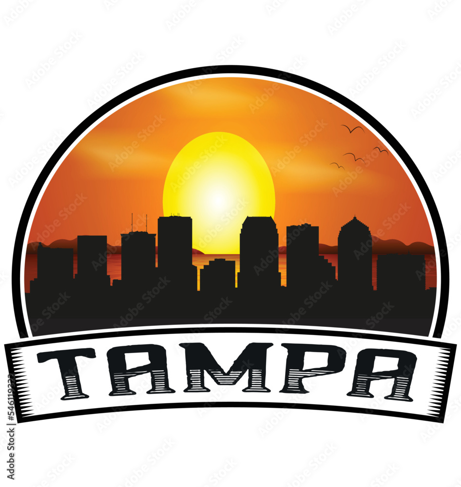 Tampa Florida USA Skyline Sunset Travel Souvenir Sticker Logo Badge Stamp Emblem Coat of Arms Vector Illustration EPS