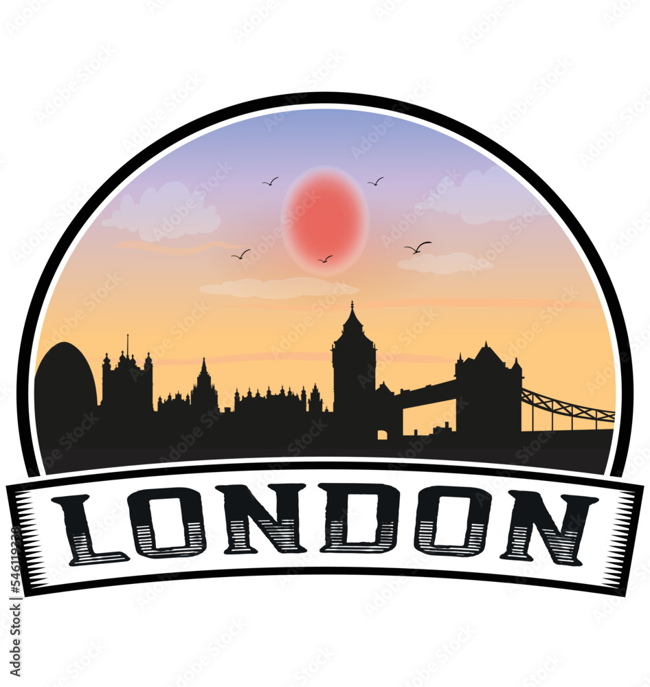 London England Skyline Sunset Travel Souvenir Sticker Logo Badge Stamp Emblem Coat of Arms Vector Illustration EPS
