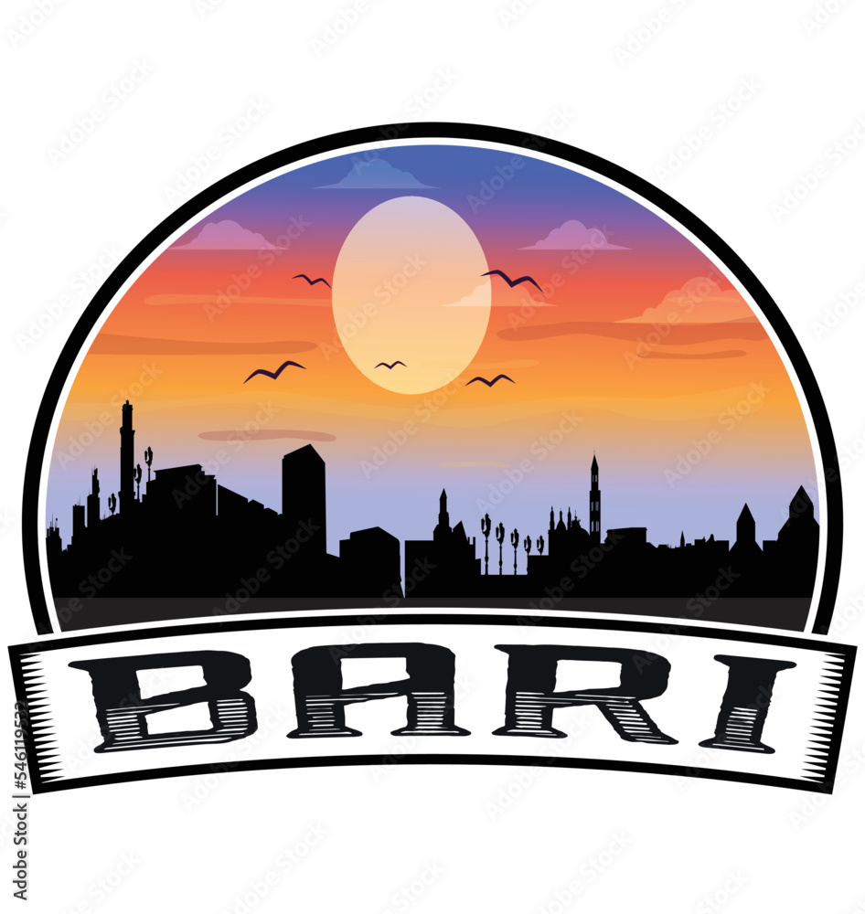 Bari Italy Skyline Sunset Travel Souvenir Sticker Logo Badge Stamp Emblem Coat of Arms Vector Illustration EPS