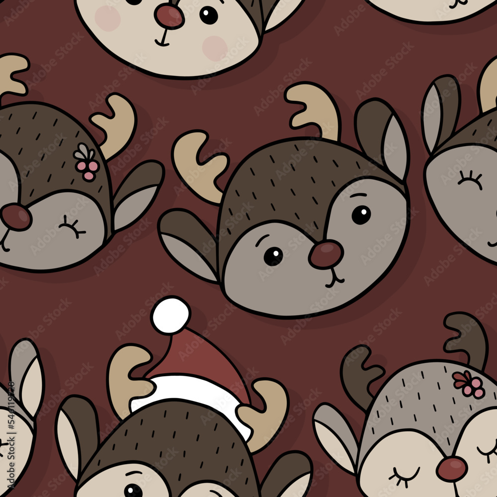 Christmas Season Winter Holiday Doodle colorful vector seamless pattern with cute reindeer characters on dark background