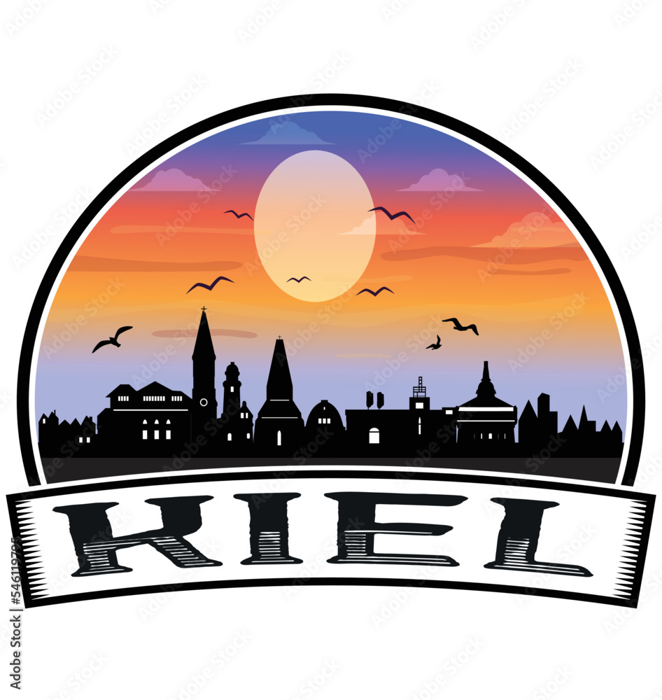 Kiel Germany Skyline Sunset Travel Souvenir Sticker Logo Badge Stamp Emblem Coat of Arms Vector Illustration EPS