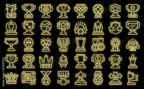 Award trophy icons set outline vector. Goblet cup. Winner victory neon color on black
