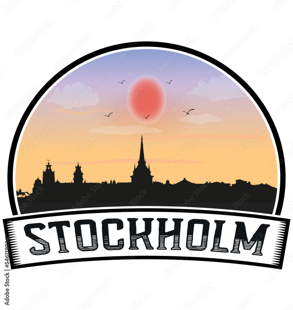 Stockholm Sweden Skyline Sunset Travel Souvenir Sticker Logo Badge Stamp Emblem Coat of Arms Vector Illustration EPS