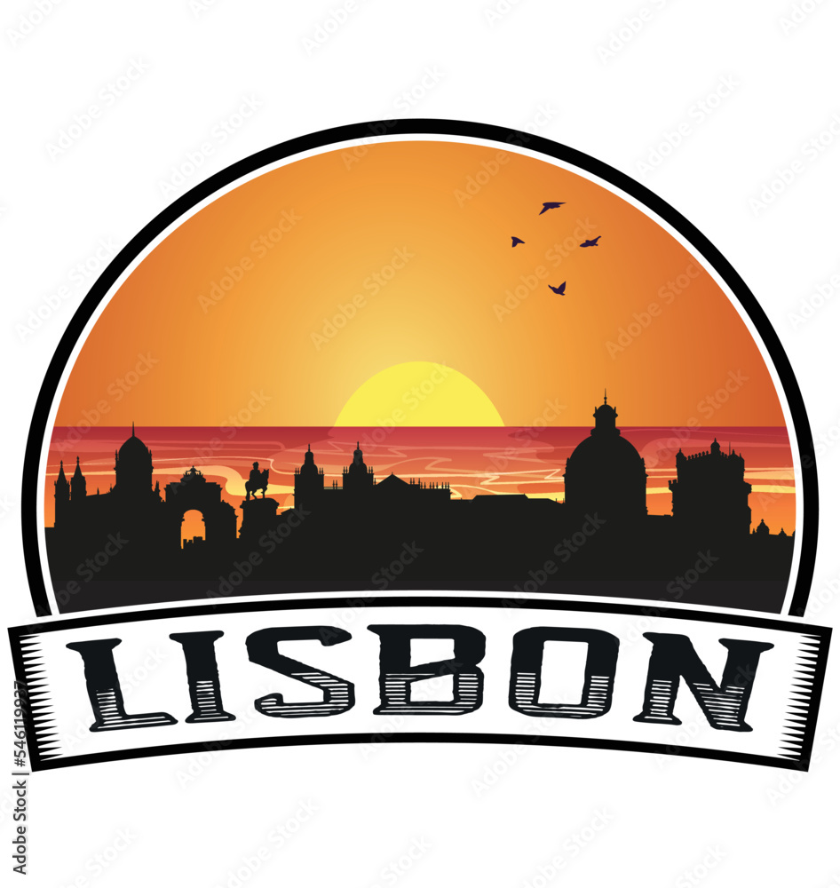 Lisbon Portugal Skyline Sunset Travel Souvenir Sticker Logo Badge Stamp Emblem Coat of Arms Vector Illustration EPS