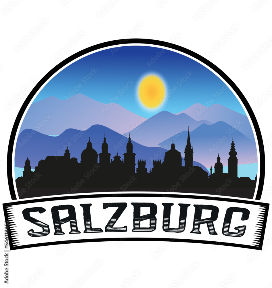 Salzburg Austria Skyline Sunset Travel Souvenir Sticker Logo Badge Stamp Emblem Coat of Arms Vector Illustration EPS
