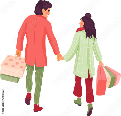 Romantic couple walking together holding hands and carrying shopping bags. Holiday shopping concept. Cute colourful characters isolated on white background.