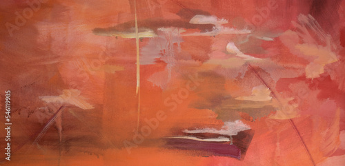 Modern art. Closeup view of a vivid and colorful abstract painting. Strong brushwork texture, pattern and colors.