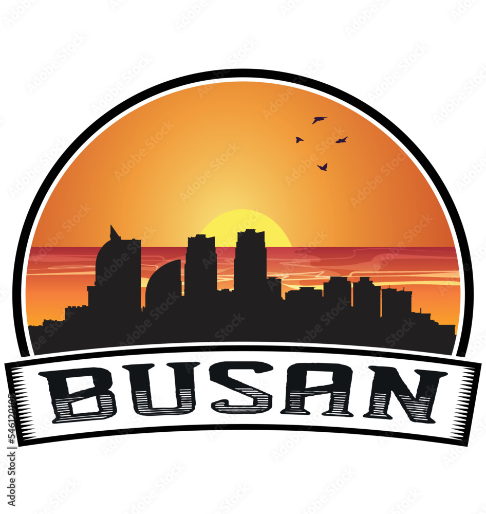 Busan South Korea Skyline Sunset Travel Souvenir Sticker Logo Badge Stamp Emblem Coat of Arms Vector Illustration EPS