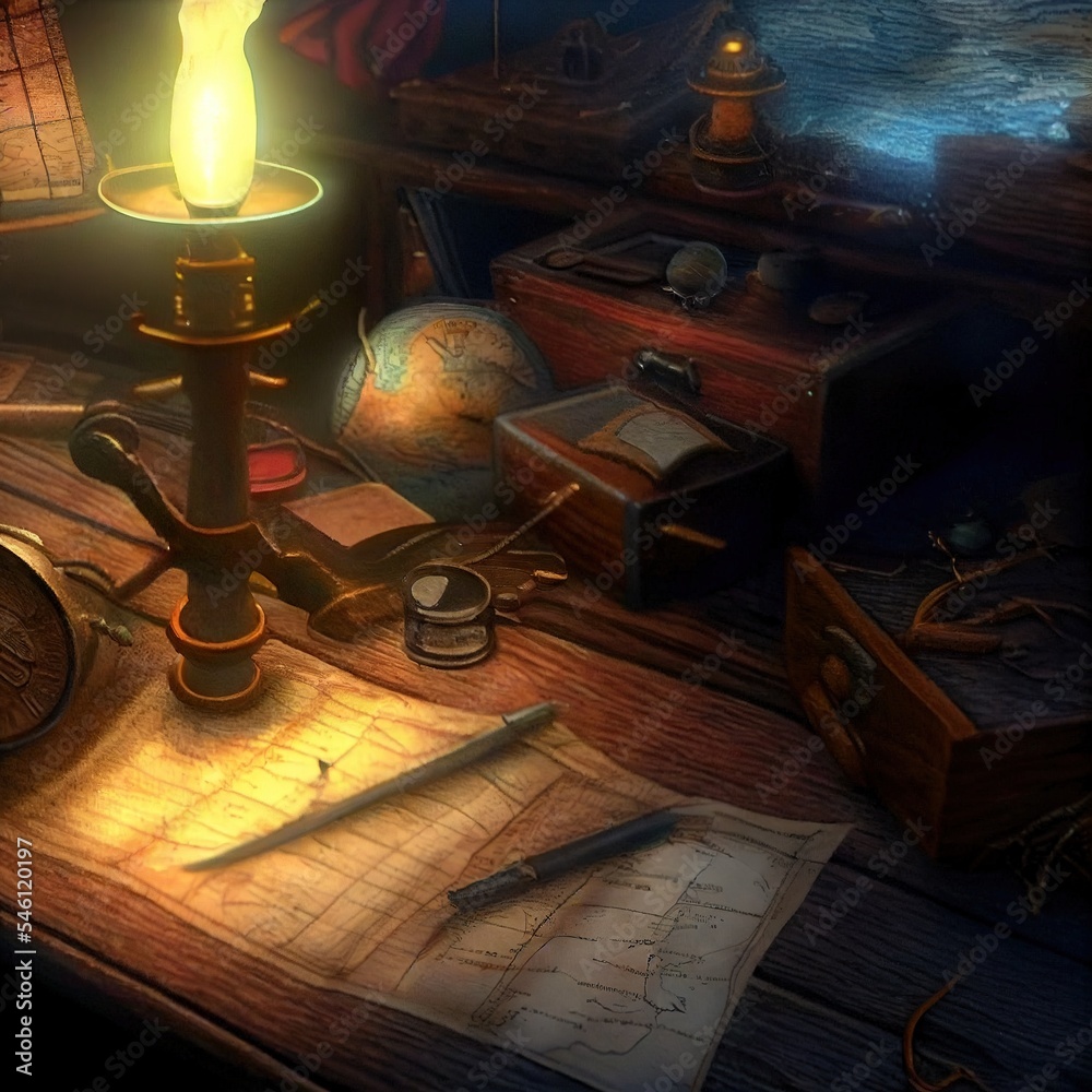 An ancient pirate map in the cabin of a pirate ship. Image of an ...