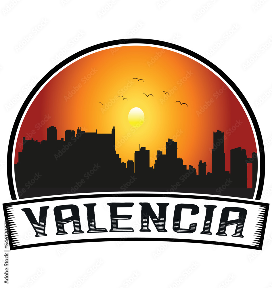 Valencia Venezuela Skyline Sunset Travel Souvenir Sticker Logo Badge Stamp Emblem Coat of Arms Vector Illustration EPS