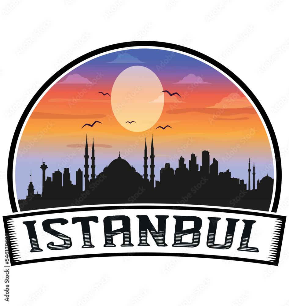 Istanbul Turkey Skyline Sunset Travel Souvenir Sticker Logo Badge Stamp Emblem Coat of Arms Vector Illustration EPS